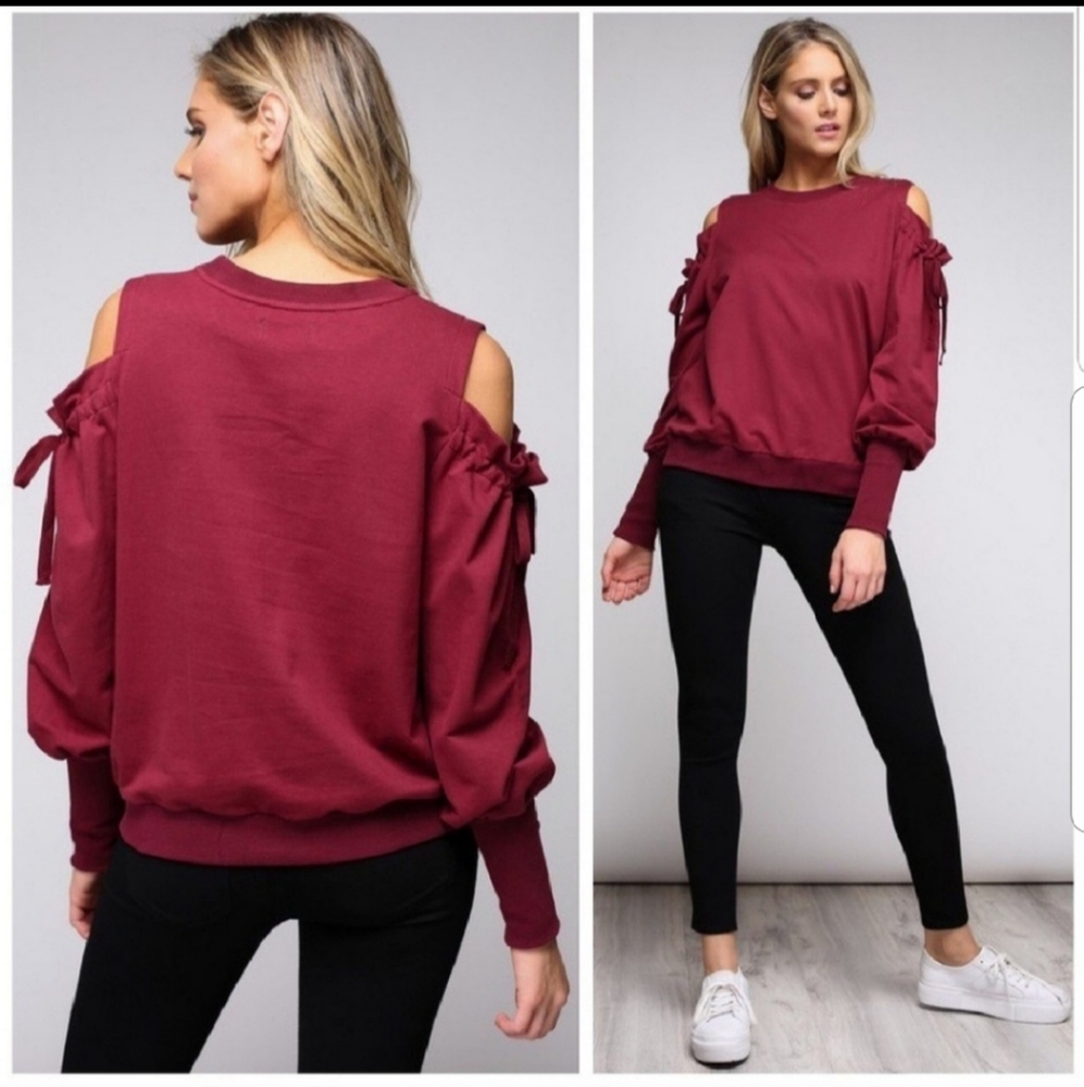 🍒 Cold Shoulder Drawstring Top - Picture 2 of 3